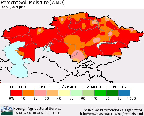 Kazakhstan Percent Soil Moisture (WMO) Thematic Map For 8/30/2021 - 9/5/2021