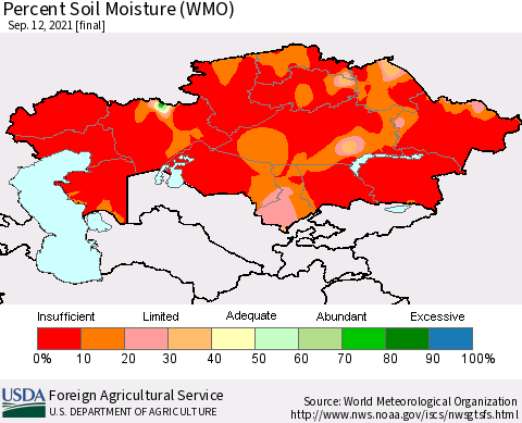 Kazakhstan Percent Soil Moisture (WMO) Thematic Map For 9/6/2021 - 9/12/2021