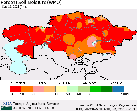Kazakhstan Percent Soil Moisture (WMO) Thematic Map For 9/13/2021 - 9/19/2021