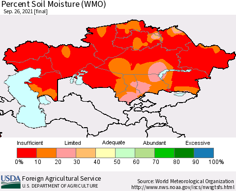 Kazakhstan Percent Soil Moisture (WMO) Thematic Map For 9/20/2021 - 9/26/2021