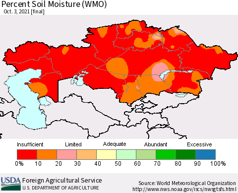 Kazakhstan Percent Soil Moisture (WMO) Thematic Map For 9/27/2021 - 10/3/2021