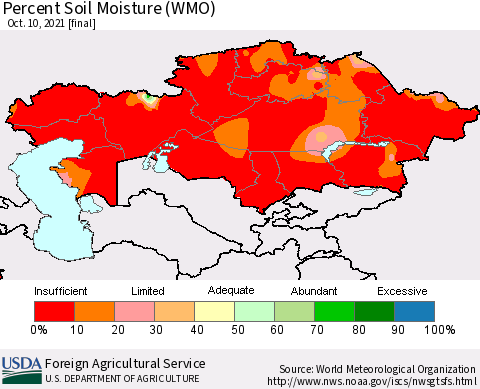 Kazakhstan Percent Soil Moisture (WMO) Thematic Map For 10/4/2021 - 10/10/2021