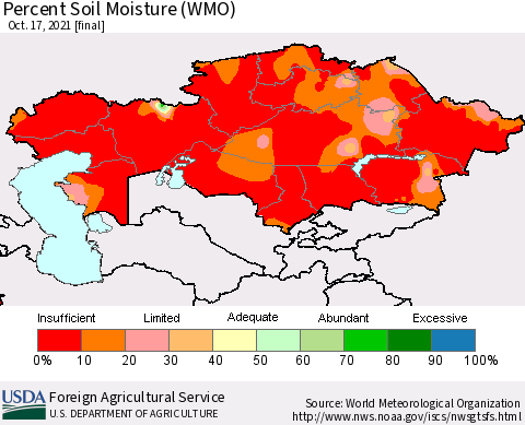 Kazakhstan Percent Soil Moisture (WMO) Thematic Map For 10/11/2021 - 10/17/2021