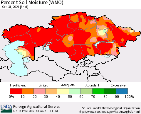 Kazakhstan Percent Soil Moisture (WMO) Thematic Map For 10/25/2021 - 10/31/2021