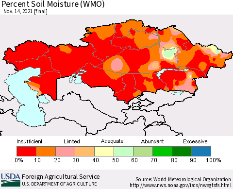 Kazakhstan Percent Soil Moisture (WMO) Thematic Map For 11/8/2021 - 11/14/2021