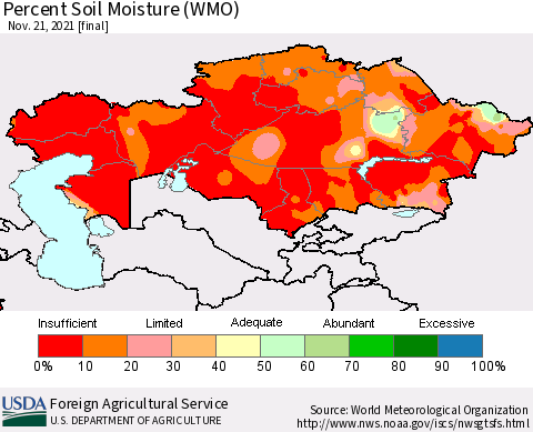 Kazakhstan Percent Soil Moisture (WMO) Thematic Map For 11/15/2021 - 11/21/2021