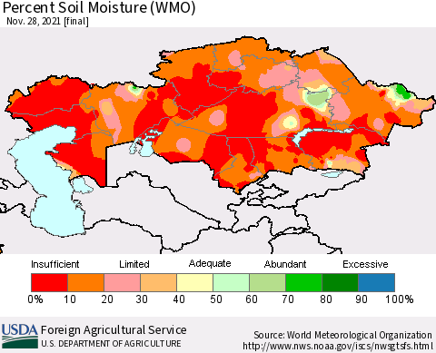 Kazakhstan Percent Soil Moisture (WMO) Thematic Map For 11/22/2021 - 11/28/2021