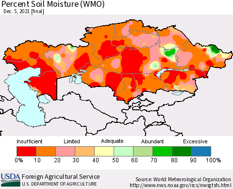 Kazakhstan Percent Soil Moisture (WMO) Thematic Map For 11/29/2021 - 12/5/2021