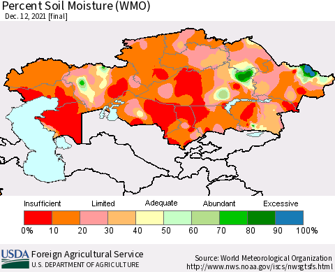 Kazakhstan Percent Soil Moisture (WMO) Thematic Map For 12/6/2021 - 12/12/2021