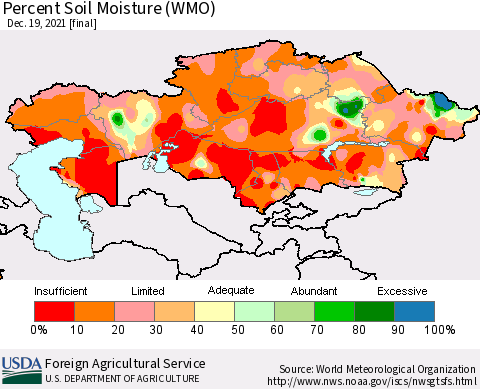 Kazakhstan Percent Soil Moisture (WMO) Thematic Map For 12/13/2021 - 12/19/2021