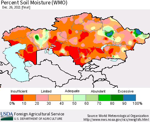Kazakhstan Percent Soil Moisture (WMO) Thematic Map For 12/20/2021 - 12/26/2021