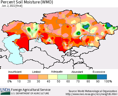 Kazakhstan Percent Soil Moisture (WMO) Thematic Map For 12/27/2021 - 1/2/2022