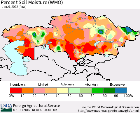 Kazakhstan Percent Soil Moisture (WMO) Thematic Map For 1/3/2022 - 1/9/2022