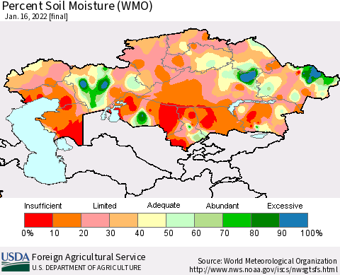 Kazakhstan Percent Soil Moisture (WMO) Thematic Map For 1/10/2022 - 1/16/2022