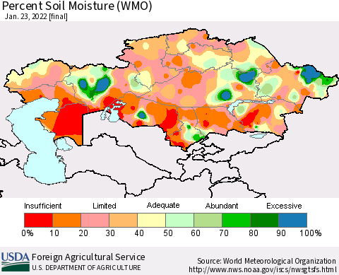 Kazakhstan Percent Soil Moisture (WMO) Thematic Map For 1/17/2022 - 1/23/2022