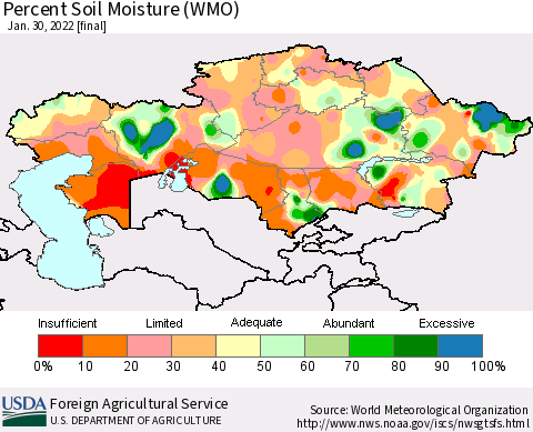 Kazakhstan Percent Soil Moisture (WMO) Thematic Map For 1/24/2022 - 1/30/2022