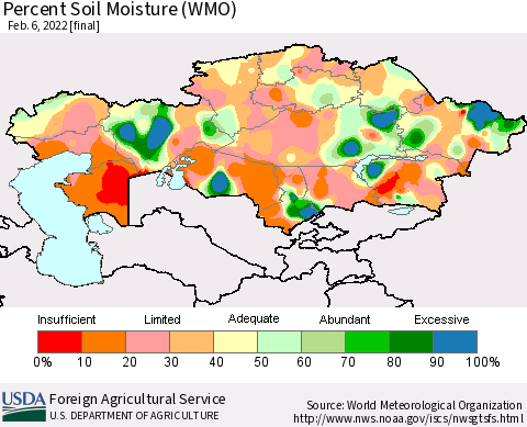 Kazakhstan Percent Soil Moisture (WMO) Thematic Map For 1/31/2022 - 2/6/2022