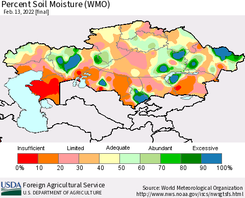 Kazakhstan Percent Soil Moisture (WMO) Thematic Map For 2/7/2022 - 2/13/2022