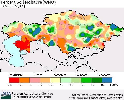Kazakhstan Percent Soil Moisture (WMO) Thematic Map For 2/14/2022 - 2/20/2022
