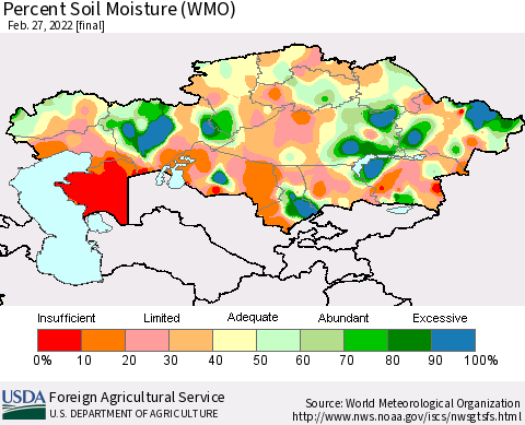 Kazakhstan Percent Soil Moisture (WMO) Thematic Map For 2/21/2022 - 2/27/2022