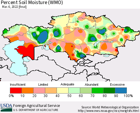 Kazakhstan Percent Soil Moisture (WMO) Thematic Map For 2/28/2022 - 3/6/2022