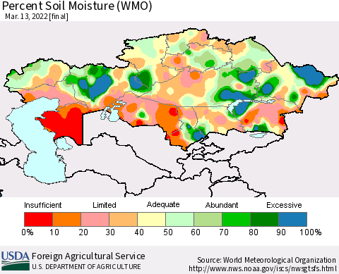 Kazakhstan Percent Soil Moisture (WMO) Thematic Map For 3/7/2022 - 3/13/2022