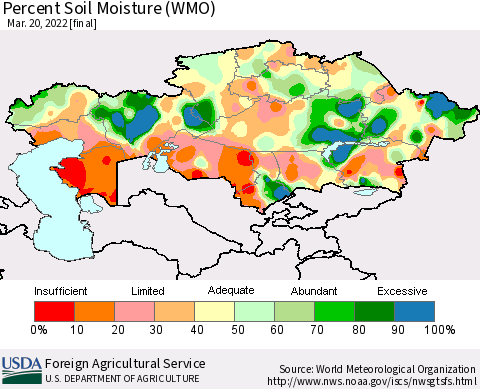 Kazakhstan Percent Soil Moisture (WMO) Thematic Map For 3/14/2022 - 3/20/2022