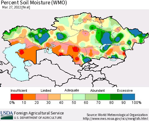 Kazakhstan Percent Soil Moisture (WMO) Thematic Map For 3/21/2022 - 3/27/2022