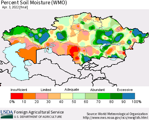 Kazakhstan Percent Soil Moisture (WMO) Thematic Map For 3/28/2022 - 4/3/2022