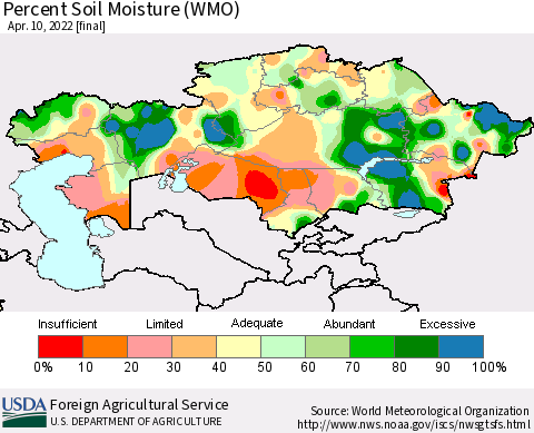 Kazakhstan Percent Soil Moisture (WMO) Thematic Map For 4/4/2022 - 4/10/2022