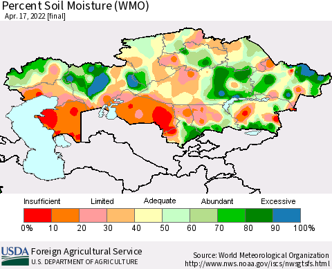 Kazakhstan Percent Soil Moisture (WMO) Thematic Map For 4/11/2022 - 4/17/2022