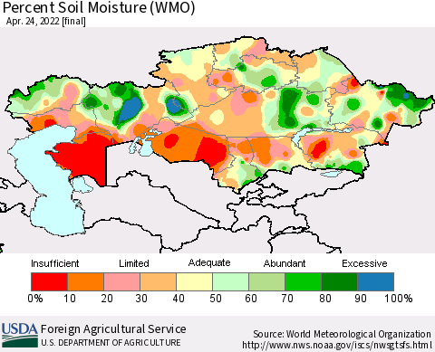 Kazakhstan Percent Soil Moisture (WMO) Thematic Map For 4/18/2022 - 4/24/2022