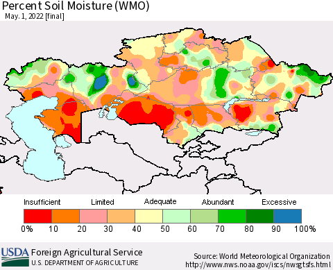 Kazakhstan Percent Soil Moisture (WMO) Thematic Map For 4/25/2022 - 5/1/2022
