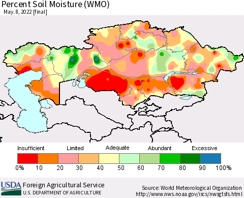Kazakhstan Percent Soil Moisture (WMO) Thematic Map For 5/2/2022 - 5/8/2022