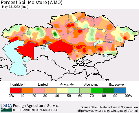 Kazakhstan Percent Soil Moisture (WMO) Thematic Map For 5/9/2022 - 5/15/2022