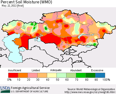Kazakhstan Percent Soil Moisture (WMO) Thematic Map For 5/16/2022 - 5/22/2022