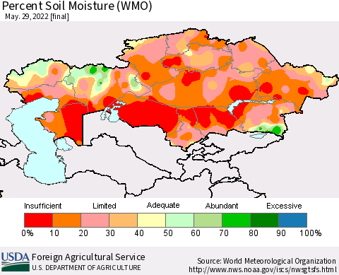 Kazakhstan Percent Soil Moisture (WMO) Thematic Map For 5/23/2022 - 5/29/2022