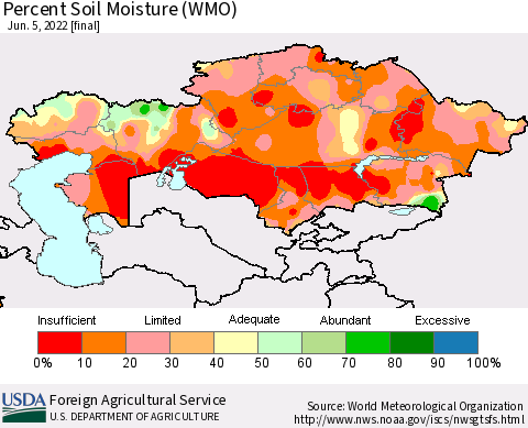 Kazakhstan Percent Soil Moisture (WMO) Thematic Map For 5/30/2022 - 6/5/2022