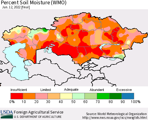 Kazakhstan Percent Soil Moisture (WMO) Thematic Map For 6/6/2022 - 6/12/2022