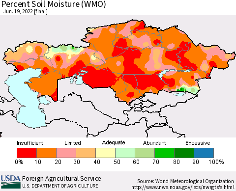 Kazakhstan Percent Soil Moisture (WMO) Thematic Map For 6/13/2022 - 6/19/2022