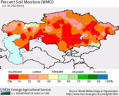 Kazakhstan Percent Soil Moisture (WMO) Thematic Map For 6/20/2022 - 6/26/2022