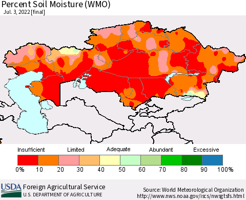 Kazakhstan Percent Soil Moisture (WMO) Thematic Map For 6/27/2022 - 7/3/2022