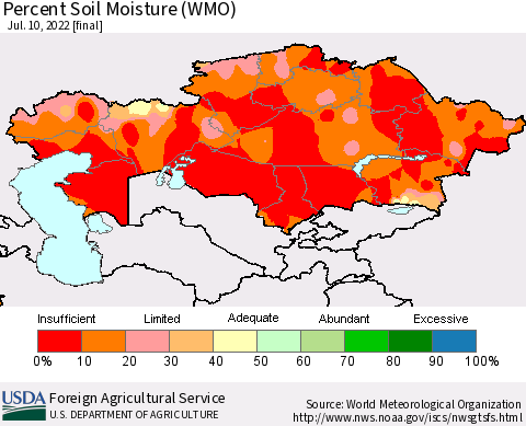 Kazakhstan Percent Soil Moisture (WMO) Thematic Map For 7/4/2022 - 7/10/2022