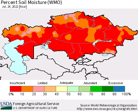 Kazakhstan Percent Soil Moisture (WMO) Thematic Map For 7/18/2022 - 7/24/2022