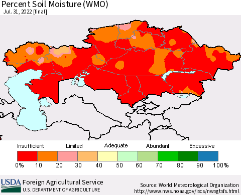 Kazakhstan Percent Soil Moisture (WMO) Thematic Map For 7/25/2022 - 7/31/2022