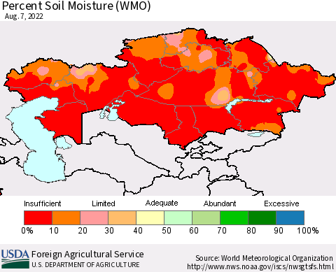 Kazakhstan Percent Soil Moisture (WMO) Thematic Map For 8/1/2022 - 8/7/2022
