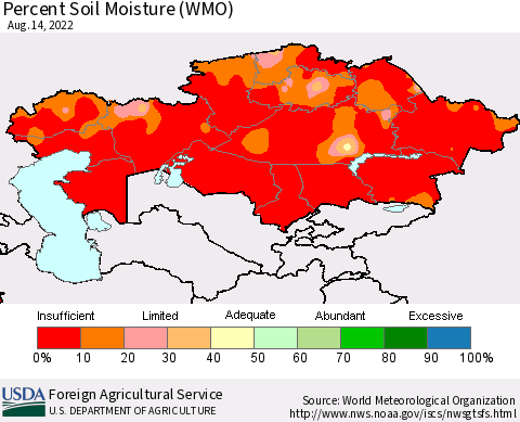 Kazakhstan Percent Soil Moisture (WMO) Thematic Map For 8/8/2022 - 8/14/2022