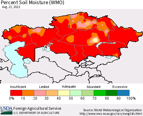 Kazakhstan Percent Soil Moisture (WMO) Thematic Map For 8/15/2022 - 8/21/2022
