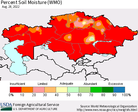 Kazakhstan Percent Soil Moisture (WMO) Thematic Map For 8/22/2022 - 8/28/2022