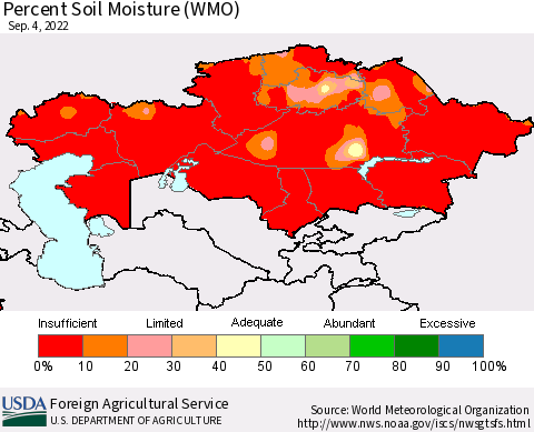 Kazakhstan Percent Soil Moisture (WMO) Thematic Map For 8/29/2022 - 9/4/2022